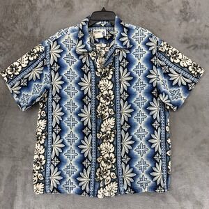 Iolani Shirt Mens XL Aloha Blue Floral Hibiscus Button Down Made in Hawaii EUC